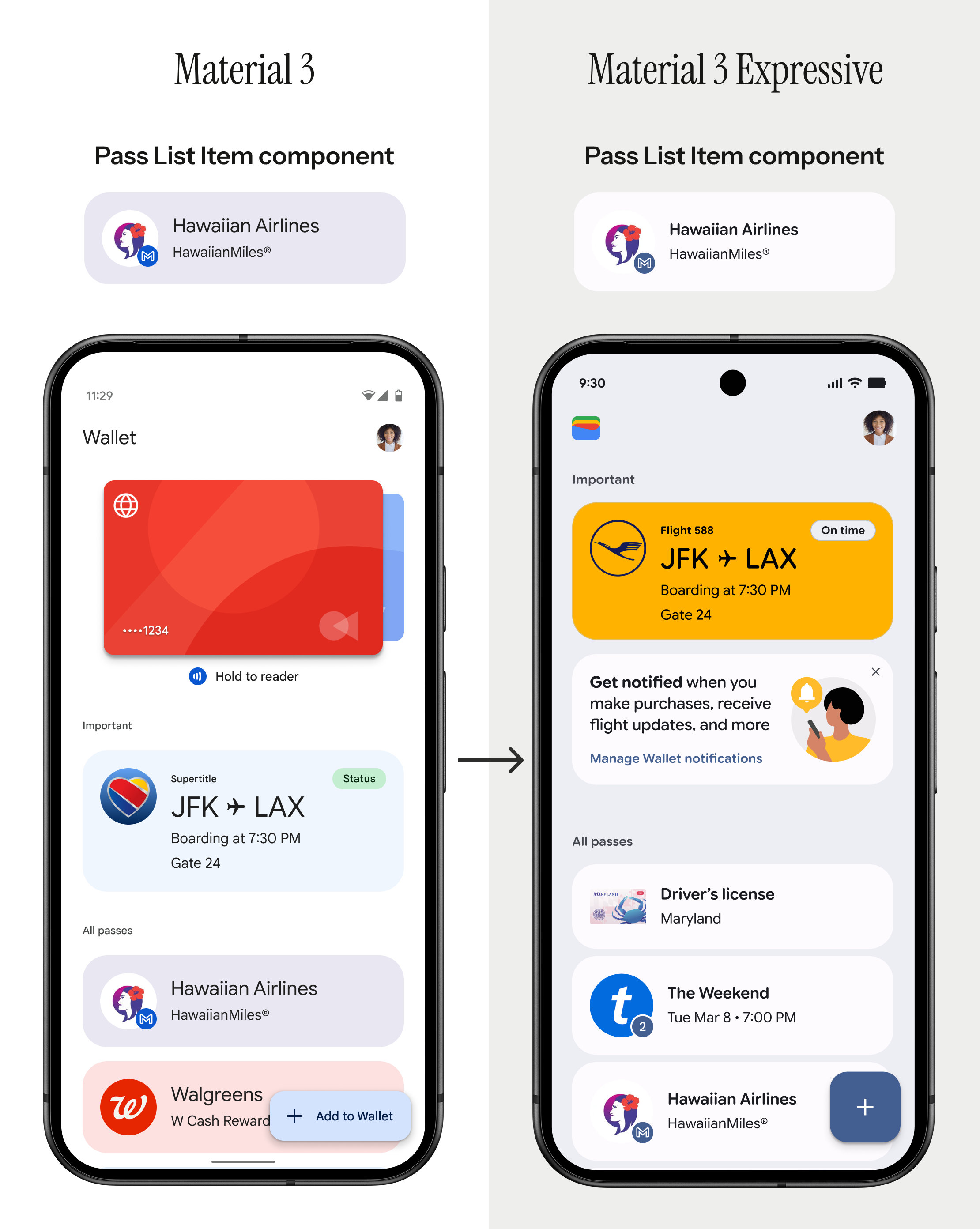 Side by side comparison of Pass List Item component in Material 3 versus Material 3 Expressive.