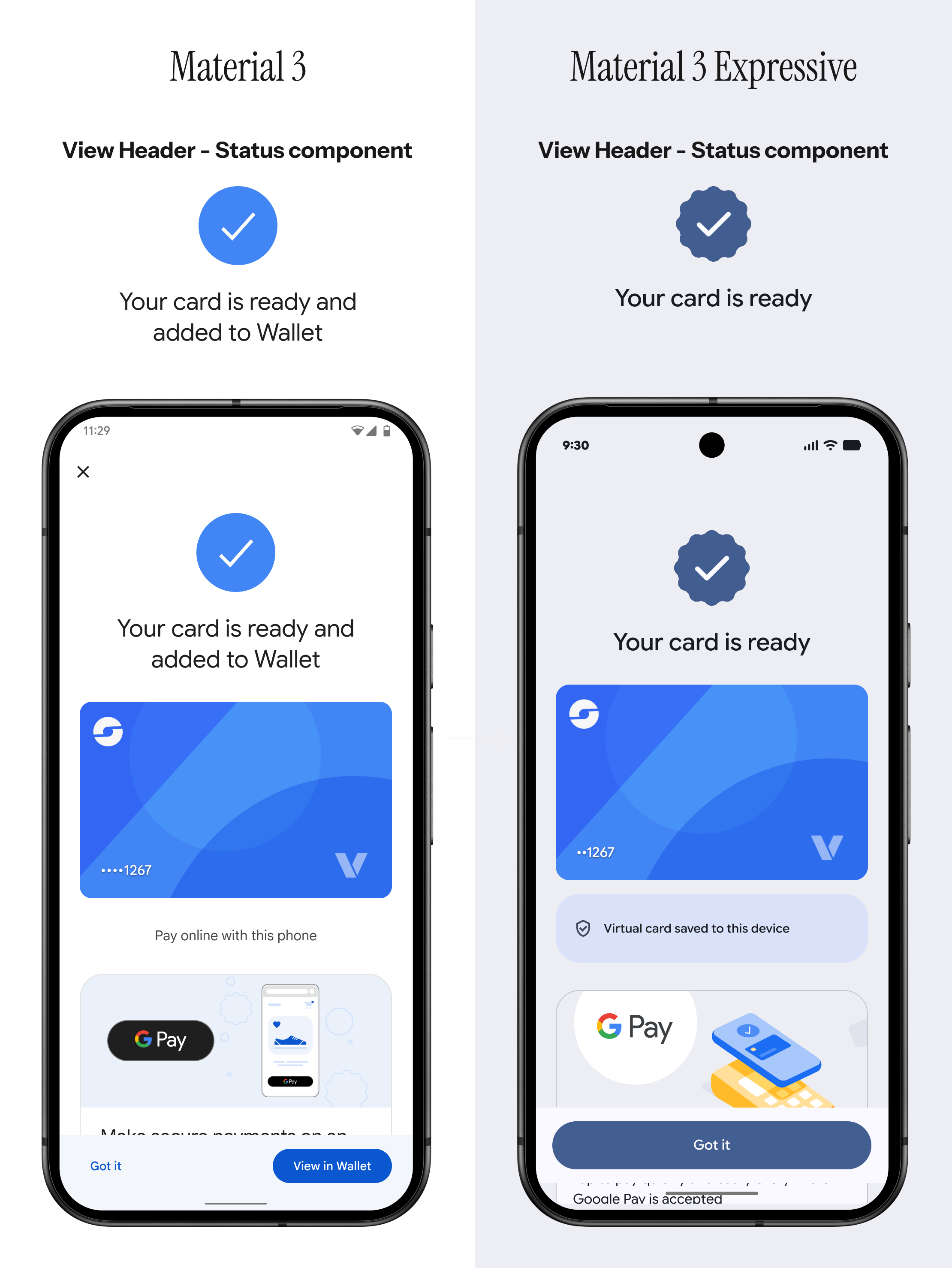 Side by side comparison of the View Header (Status) component in Material 3 versus Material 3 Expressive.